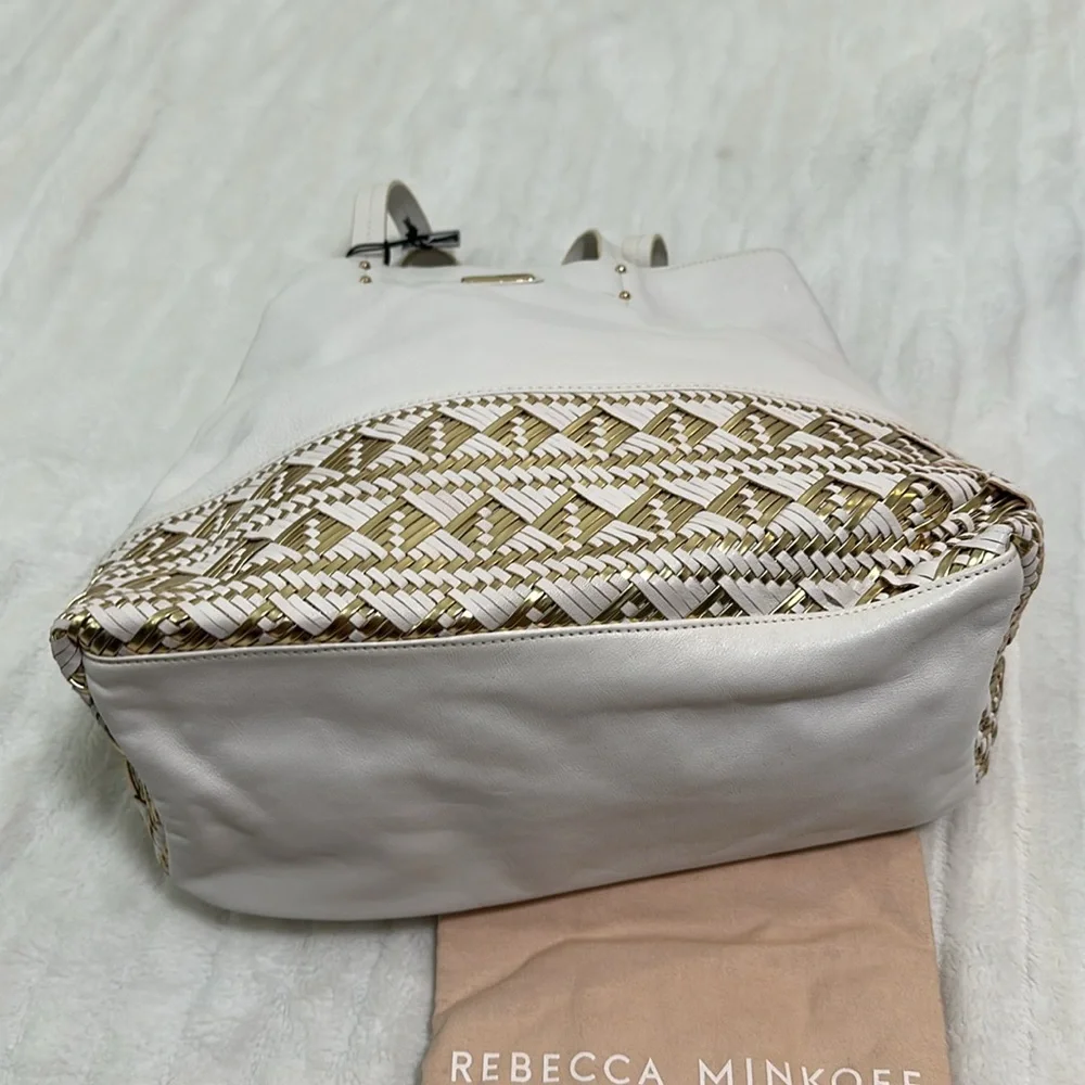 Rebecca Minkoff White and Gold Woven-Trim Leather Tote NWT